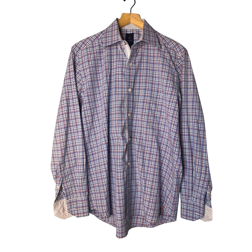 Tailorbyrd Collection Mens Medium Plaid Button Down Shirt Blue Orange Flamingo